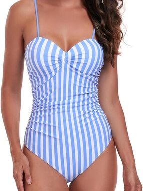Light Blue and White Striped one piece Swim with Removable Straps